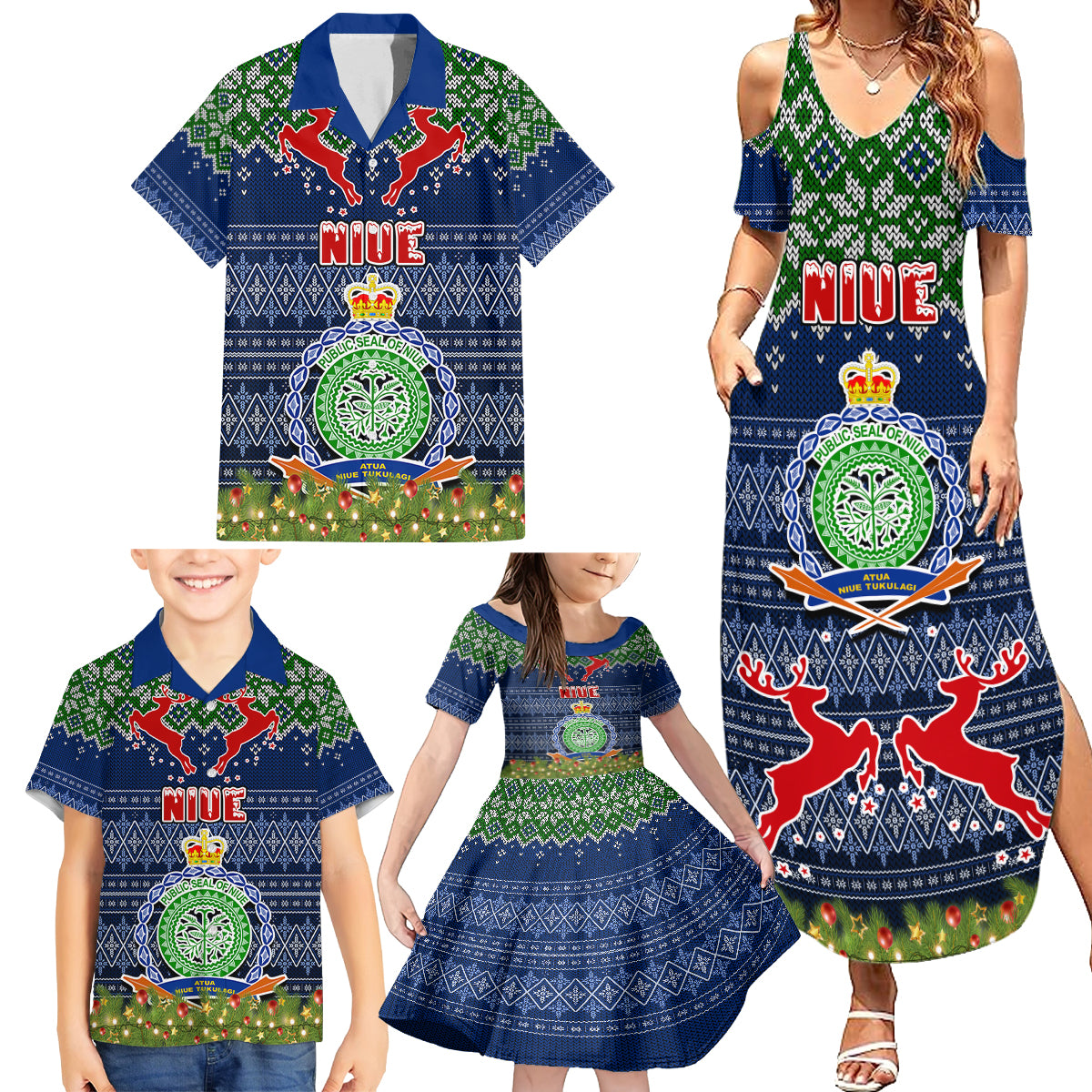 Personalised Niue Christmas Family Matching Summer Maxi Dress and Hawaiian Shirt Coat of Arms and Map Beautiful Merry Xmas Snowflake LT03 - Polynesian Pride