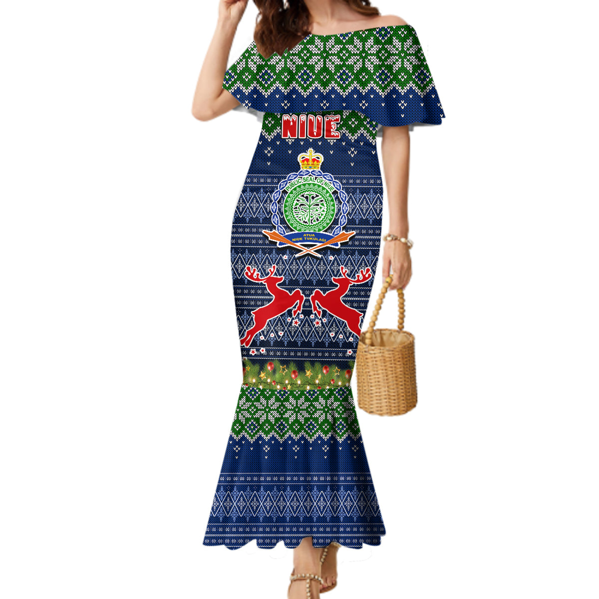 Personalised Niue Christmas Mermaid Dress Coat of Arms and Map Beautiful Merry Xmas Snowflake LT03 Women Blue - Polynesian Pride