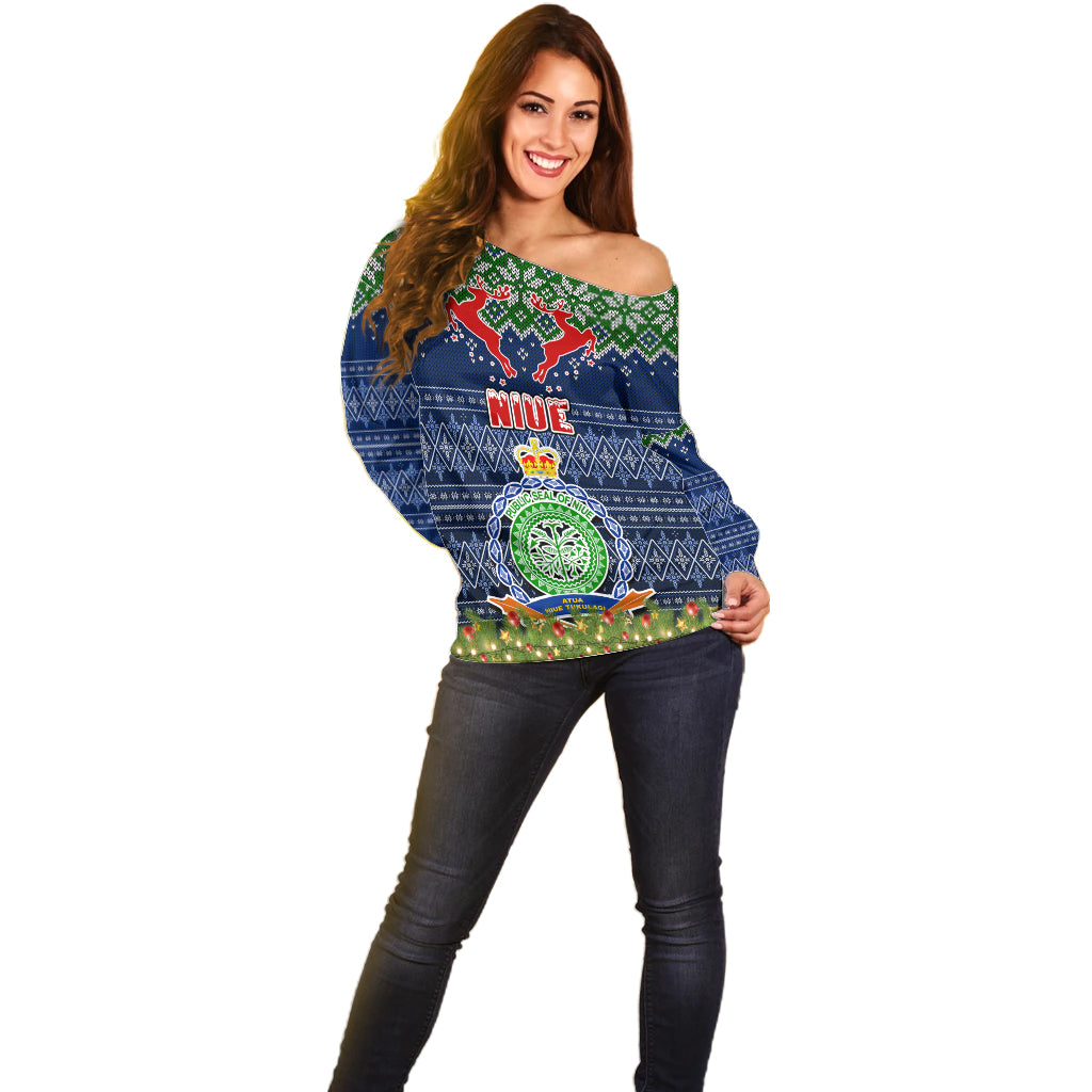 Personalised Niue Christmas Off Shoulder Sweater Coat of Arms and Map Beautiful Merry Xmas Snowflake LT03 - Polynesian Pride