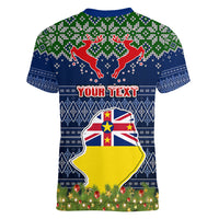 Personalised Niue Christmas Women V Neck T Shirt Coat of Arms and Map Beautiful Merry Xmas Snowflake LT03 - Polynesian Pride