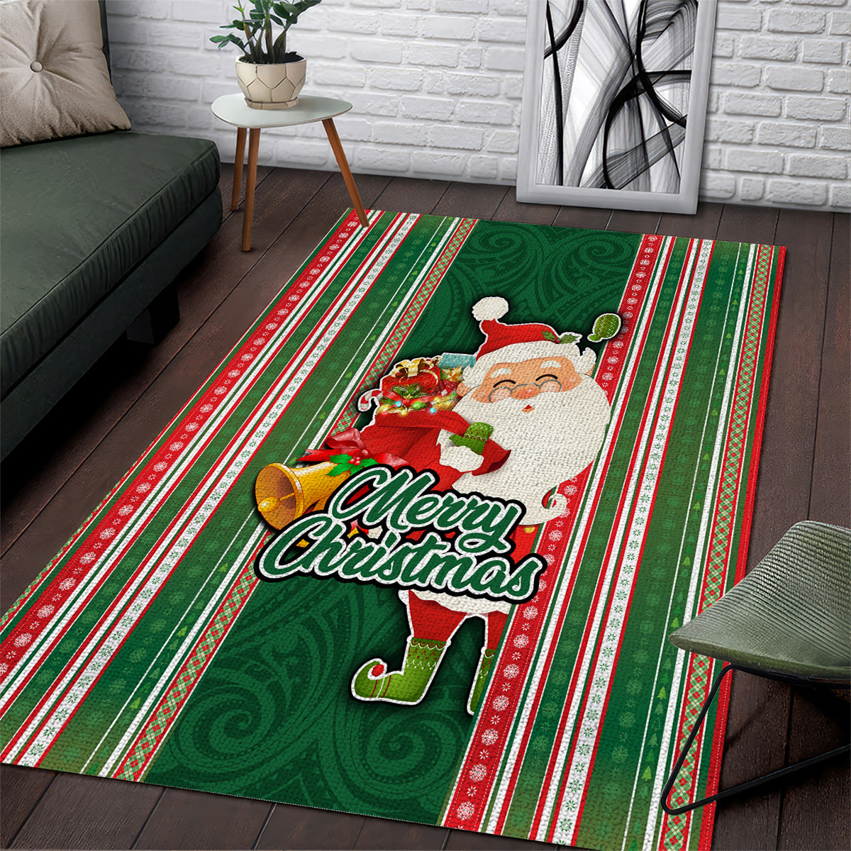 Kiribati Christmas Area Rug Santa With Gift Bag Behind Ribbons Seamless Green Maori LT03 Green - Polynesian Pride