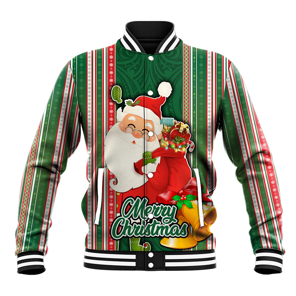 Kiribati Christmas Baseball Jacket Santa With Gift Bag Behind Ribbons Seamless Green Maori LT03 Unisex Green - Polynesian Pride