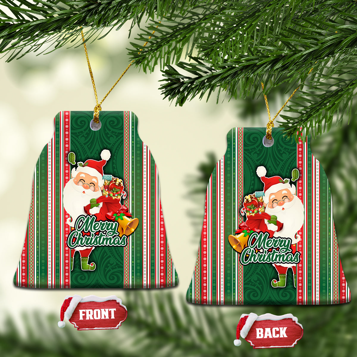 Kiribati Christmas Ceramic Ornament Santa With Gift Bag Behind Ribbons Seamless Green Maori LT03 - Polynesian Pride
