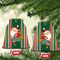 Kiribati Christmas Ceramic Ornament Santa With Gift Bag Behind Ribbons Seamless Green Maori LT03 - Polynesian Pride