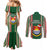 Kiribati Christmas Couples Matching Mermaid Dress and Long Sleeve Button Shirts Santa With Gift Bag Behind Ribbons Seamless Green Maori LT03 - Polynesian Pride