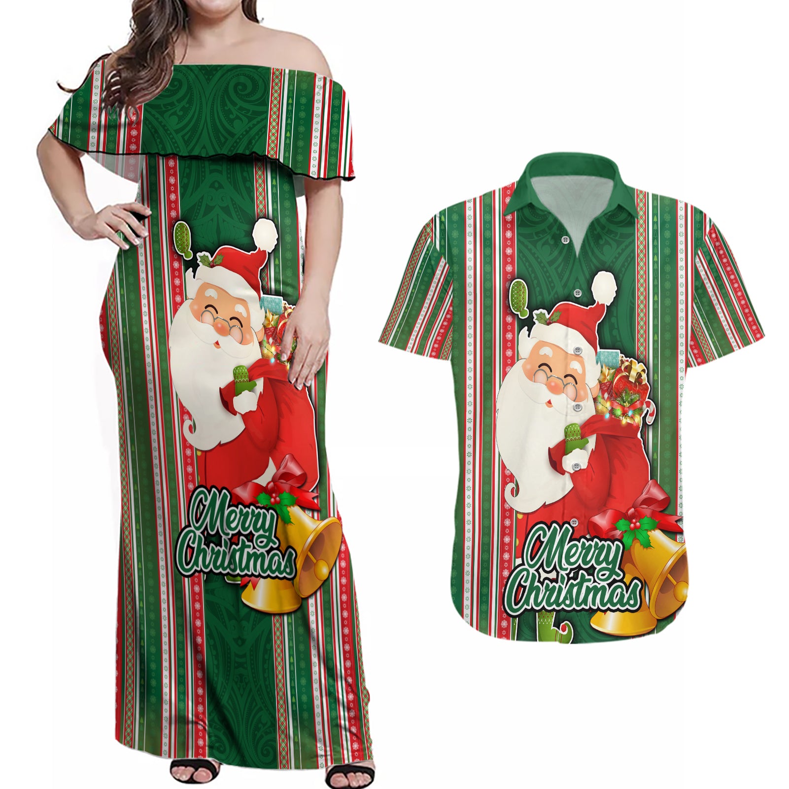 Kiribati Christmas Couples Matching Off Shoulder Maxi Dress and Hawaiian Shirt Santa With Gift Bag Behind Ribbons Seamless Green Maori LT03 Green - Polynesian Pride