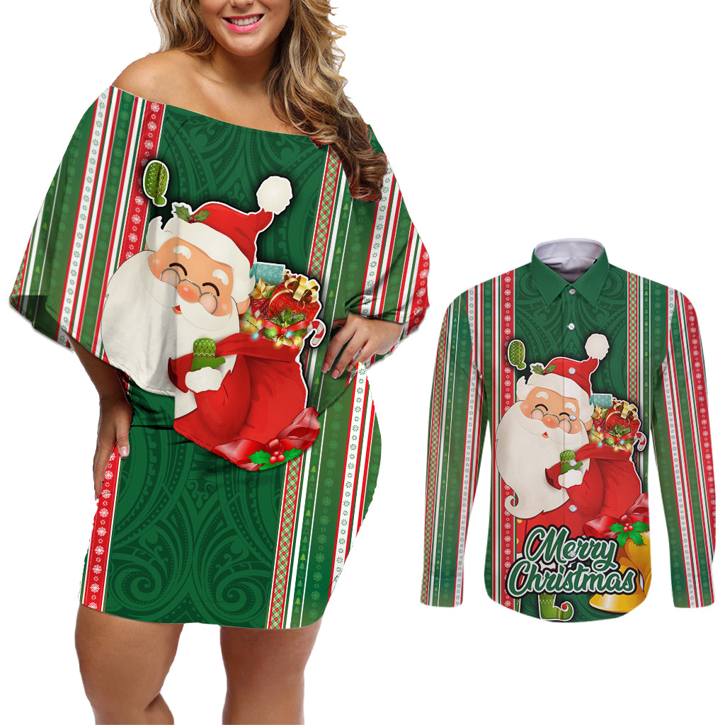 Kiribati Christmas Couples Matching Off Shoulder Short Dress and Long Sleeve Button Shirts Santa With Gift Bag Behind Ribbons Seamless Green Maori LT03 Green - Polynesian Pride