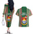 Kiribati Christmas Couples Matching Off The Shoulder Long Sleeve Dress and Hawaiian Shirt Santa With Gift Bag Behind Ribbons Seamless Green Maori LT03 - Polynesian Pride