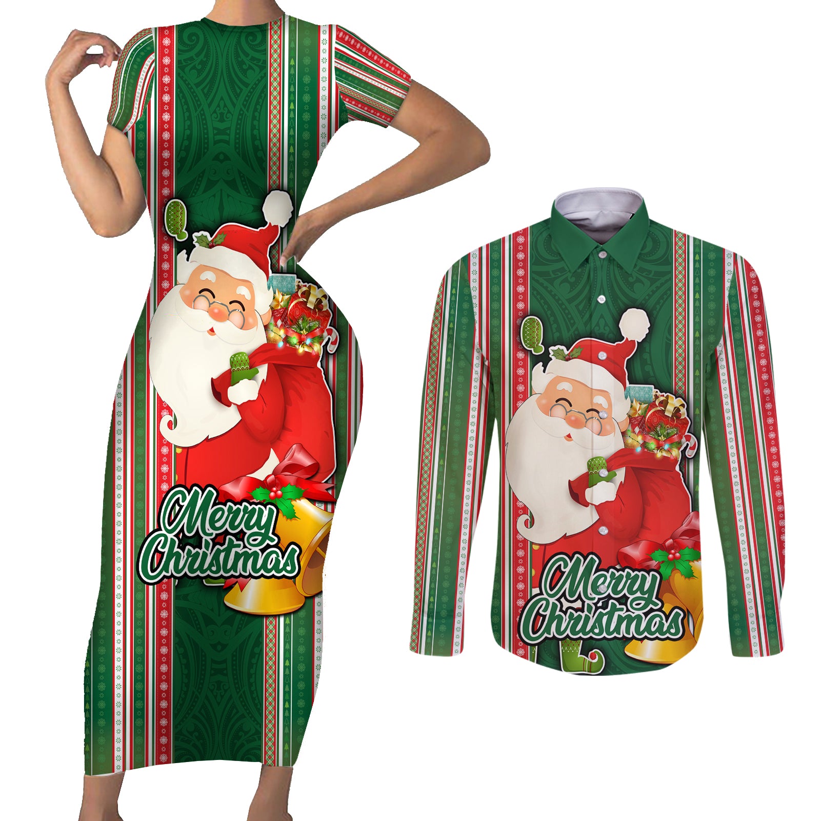 Kiribati Christmas Couples Matching Short Sleeve Bodycon Dress and Long Sleeve Button Shirts Santa With Gift Bag Behind Ribbons Seamless Green Maori LT03 Green - Polynesian Pride