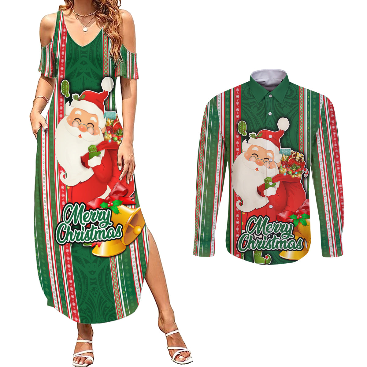 Kiribati Christmas Couples Matching Summer Maxi Dress and Long Sleeve Button Shirts Santa With Gift Bag Behind Ribbons Seamless Green Maori LT03 Green - Polynesian Pride