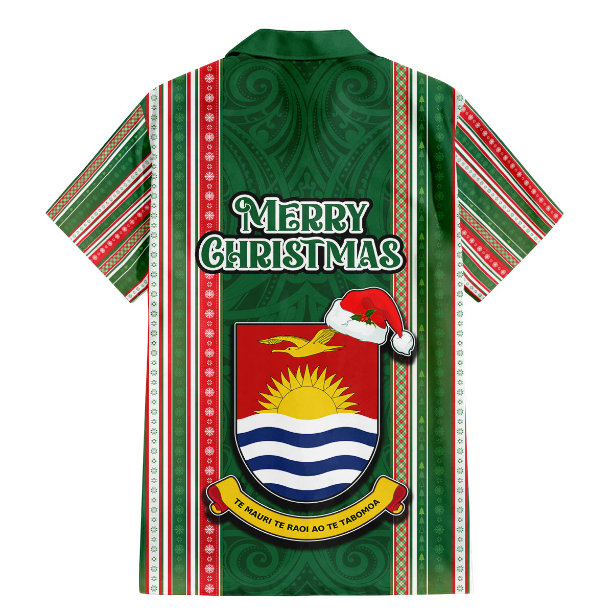 Kiribati Christmas Family Matching Mermaid Dress and Hawaiian Shirt Santa With Gift Bag Behind Ribbons Seamless Green Maori LT03 - Polynesian Pride