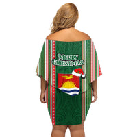 Kiribati Christmas Family Matching Off Shoulder Short Dress and Hawaiian Shirt Santa With Gift Bag Behind Ribbons Seamless Green Maori LT03 - Polynesian Pride