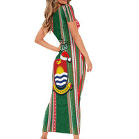 Kiribati Christmas Family Matching Short Sleeve Bodycon Dress and Hawaiian Shirt Santa With Gift Bag Behind Ribbons Seamless Green Maori LT03 - Polynesian Pride