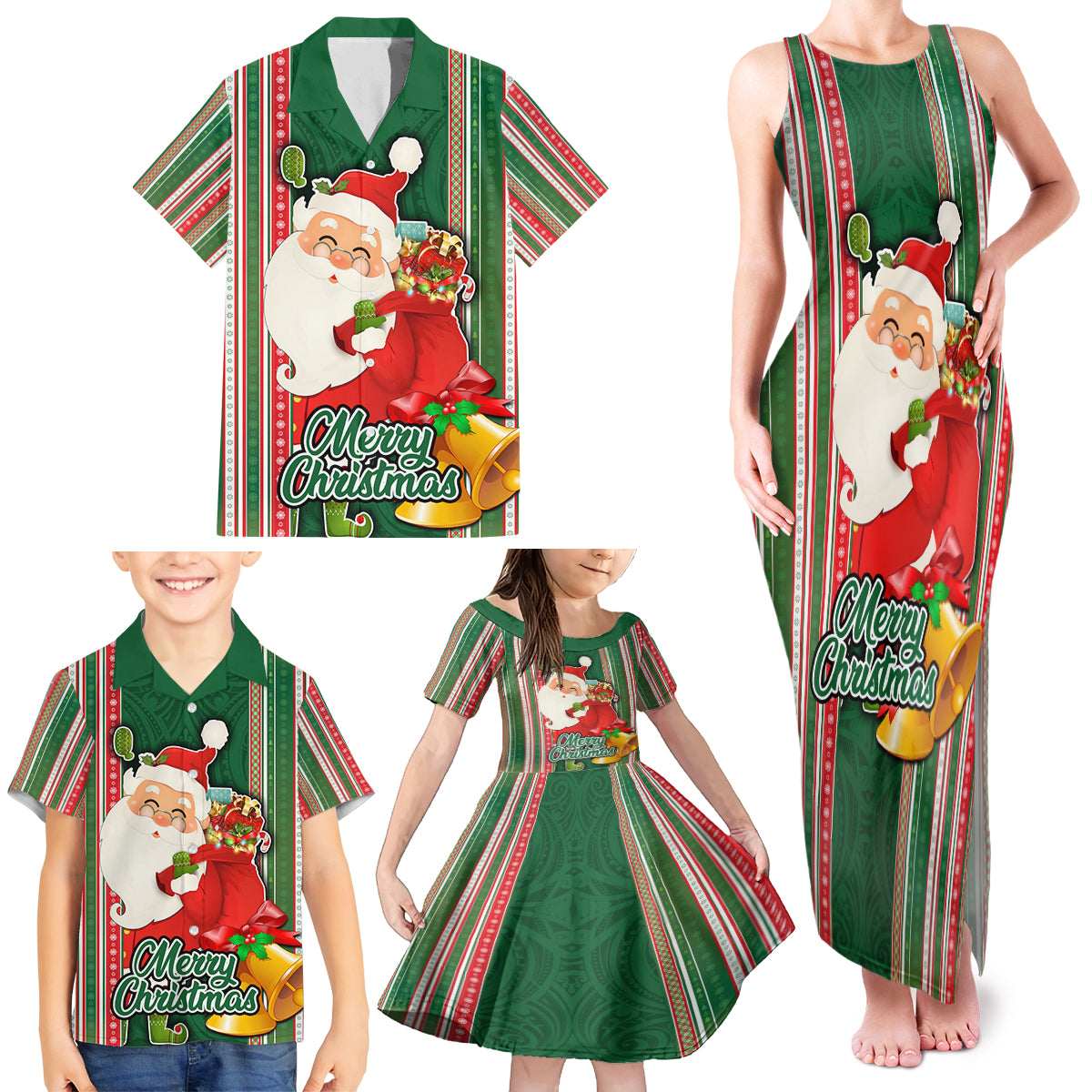 Kiribati Christmas Family Matching Tank Maxi Dress and Hawaiian Shirt Santa With Gift Bag Behind Ribbons Seamless Green Maori LT03 - Polynesian Pride