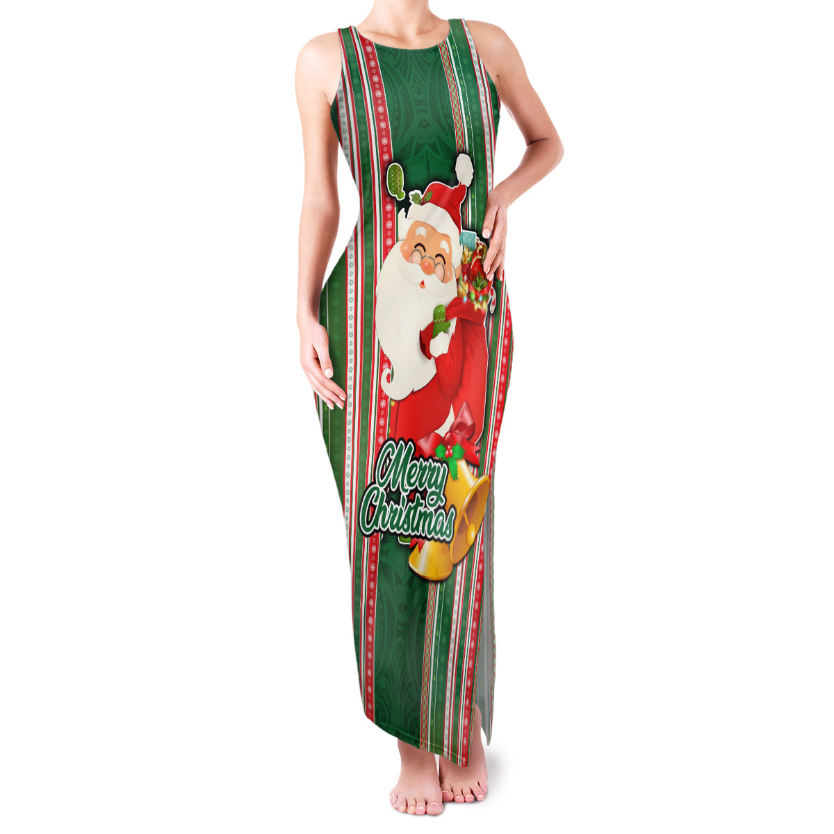 Kiribati Christmas Family Matching Tank Maxi Dress and Hawaiian Shirt Santa With Gift Bag Behind Ribbons Seamless Green Maori LT03 Mom's Dress Green - Polynesian Pride