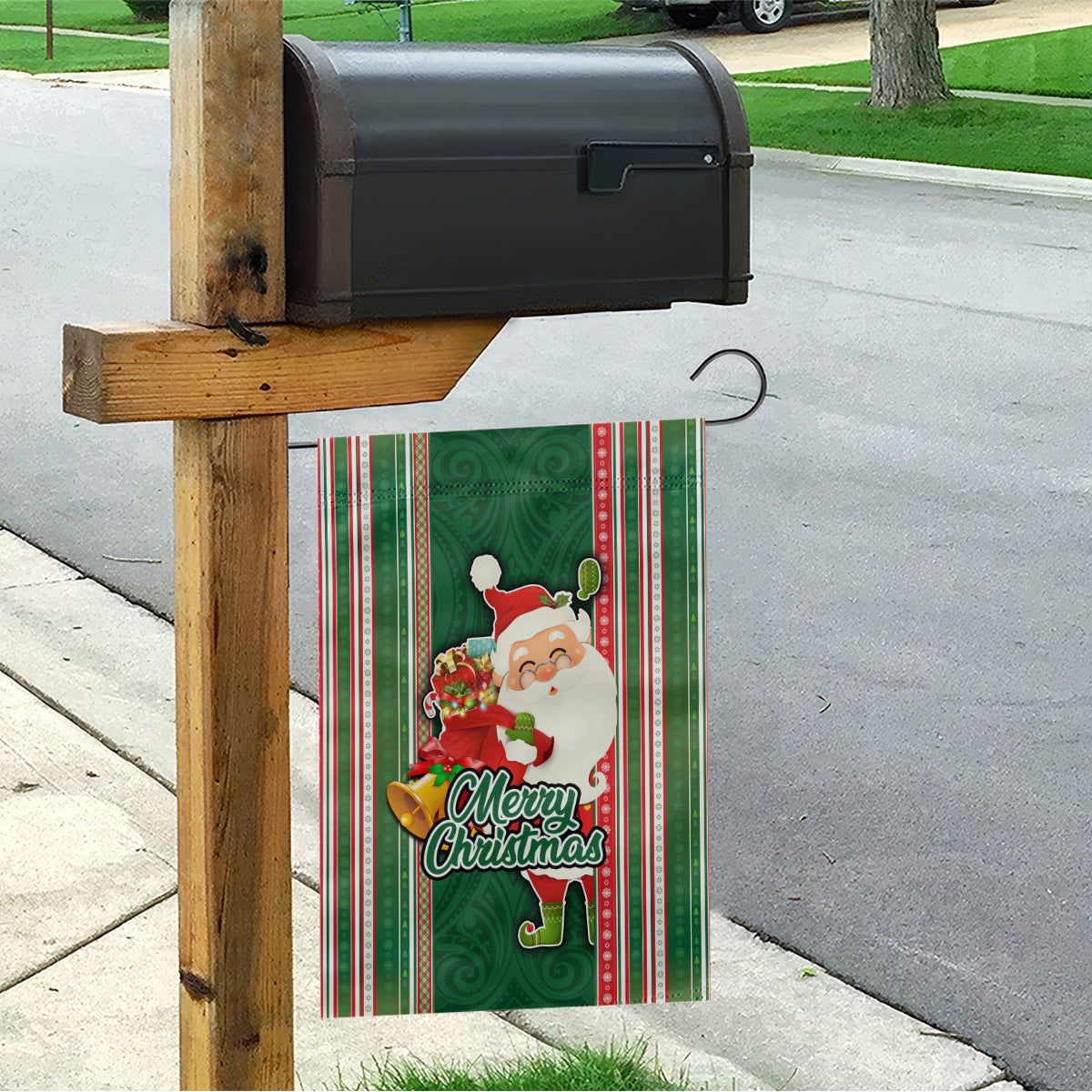 Kiribati Christmas Garden Flag Santa With Gift Bag Behind Ribbons Seamless Green Maori LT03 - Polynesian Pride