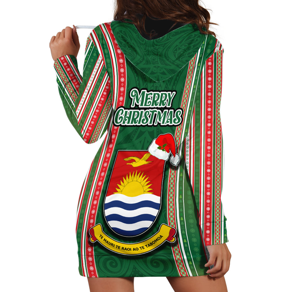 Kiribati Christmas Hoodie Dress Santa With Gift Bag Behind Ribbons Seamless Green Maori LT03 - Polynesian Pride