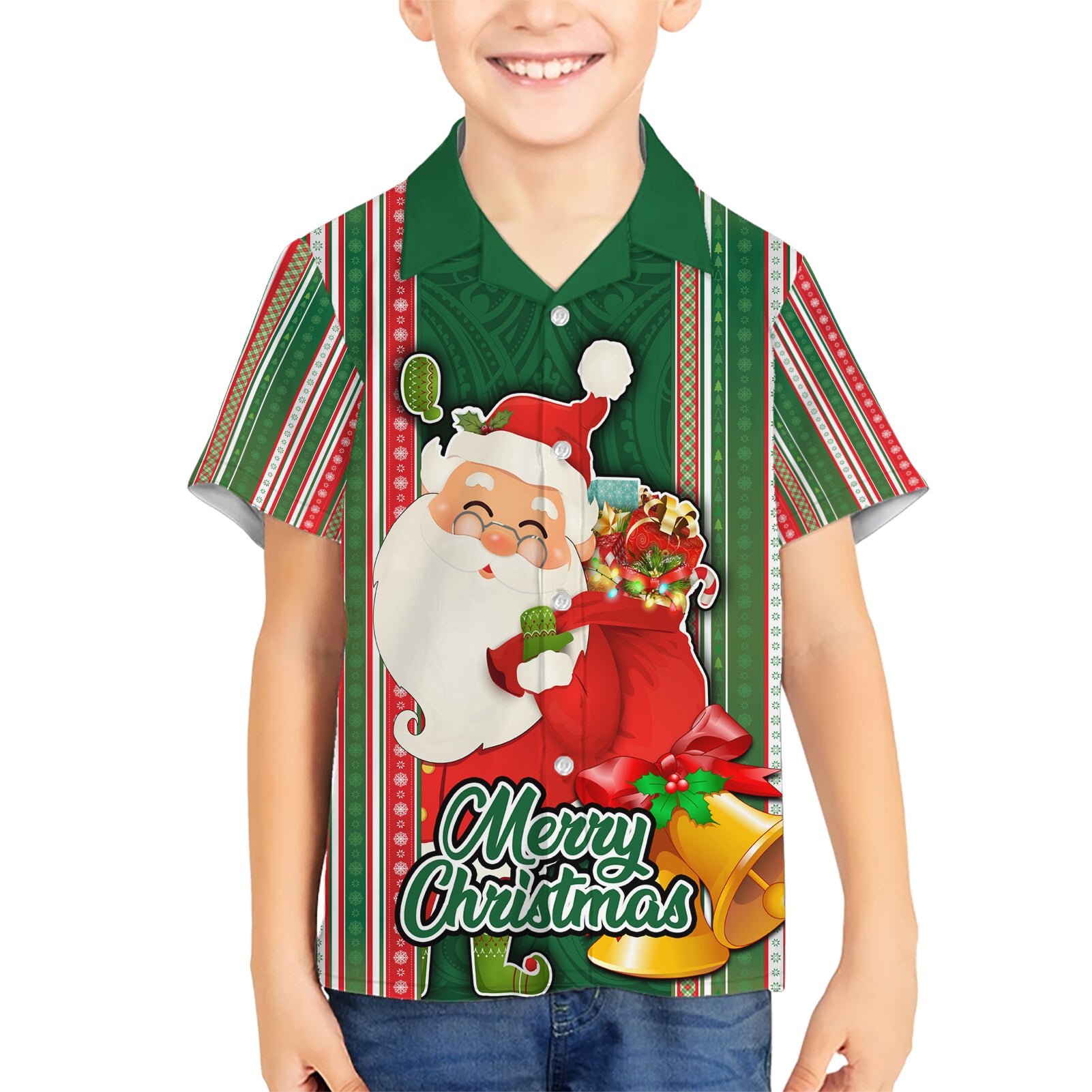 Kiribati Christmas Kid Hawaiian Shirt Santa With Gift Bag Behind Ribbons Seamless Green Maori LT03 Kid Green - Polynesian Pride