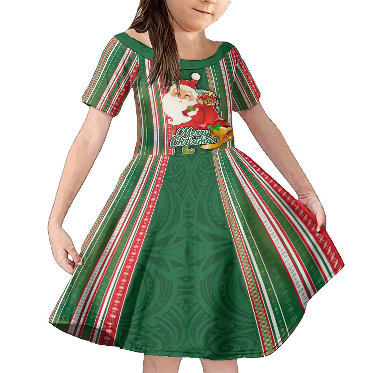 Kiribati Christmas Kid Short Sleeve Dress Santa With Gift Bag Behind Ribbons Seamless Green Maori LT03 KID Green - Polynesian Pride