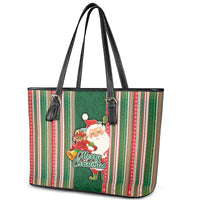 Kiribati Christmas Leather Tote Bag Santa With Gift Bag Behind Ribbons Seamless Green Maori LT03 - Polynesian Pride