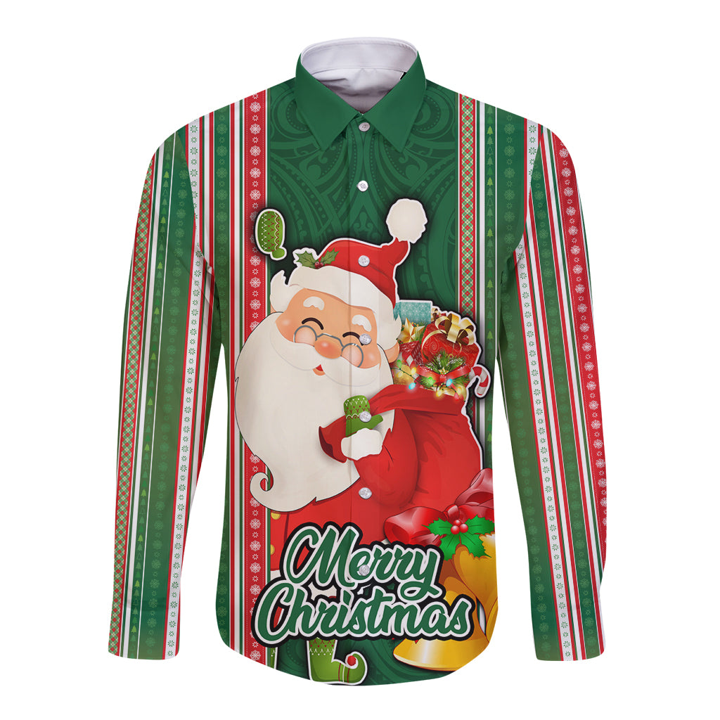 Kiribati Christmas Long Sleeve Button Shirt Santa With Gift Bag Behind Ribbons Seamless Green Maori LT03 Unisex Green - Polynesian Pride