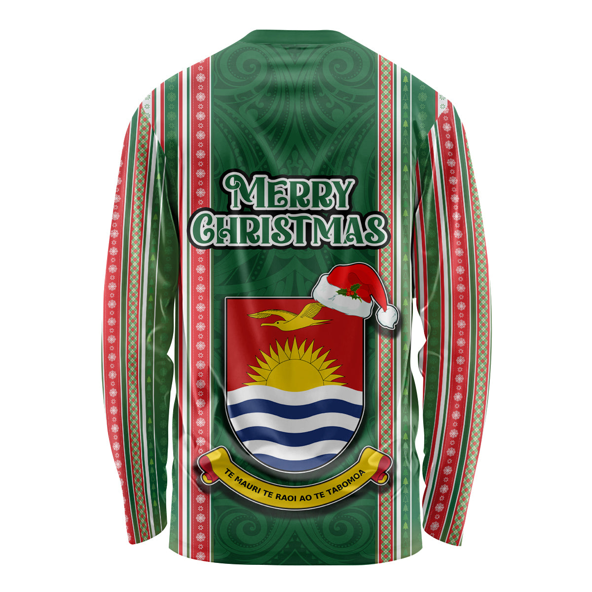 Kiribati Christmas Long Sleeve Shirt Santa With Gift Bag Behind Ribbons Seamless Green Maori LT03 - Polynesian Pride