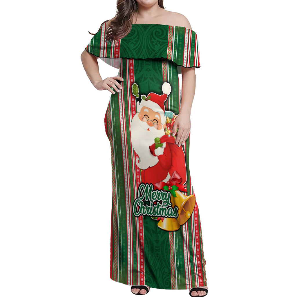 Kiribati Christmas Off Shoulder Maxi Dress Santa With Gift Bag Behind Ribbons Seamless Green Maori LT03 Women Green - Polynesian Pride