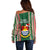 Kiribati Christmas Off Shoulder Sweater Santa With Gift Bag Behind Ribbons Seamless Green Maori LT03 - Polynesian Pride