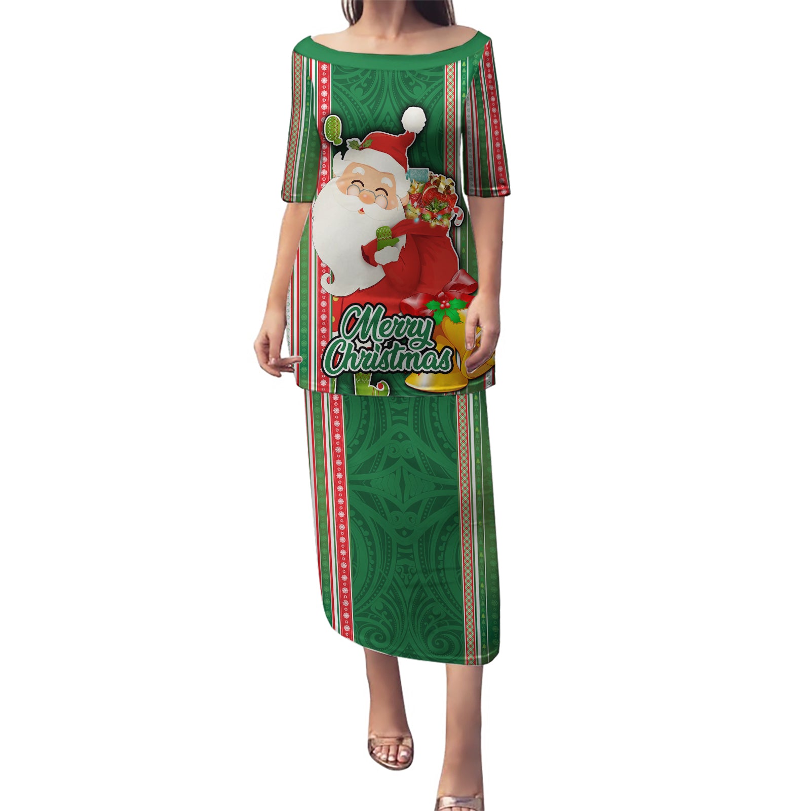 Kiribati Christmas Puletasi Santa With Gift Bag Behind Ribbons Seamless Green Maori LT03 Long Dress Green - Polynesian Pride