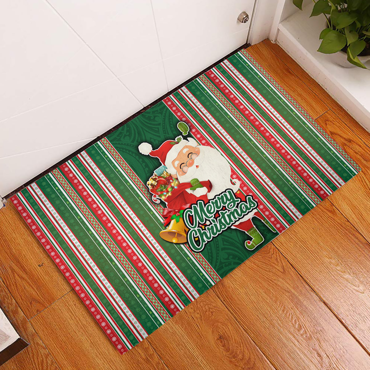 Kiribati Christmas Rubber Doormat Santa With Gift Bag Behind Ribbons Seamless Green Maori LT03 Green - Polynesian Pride