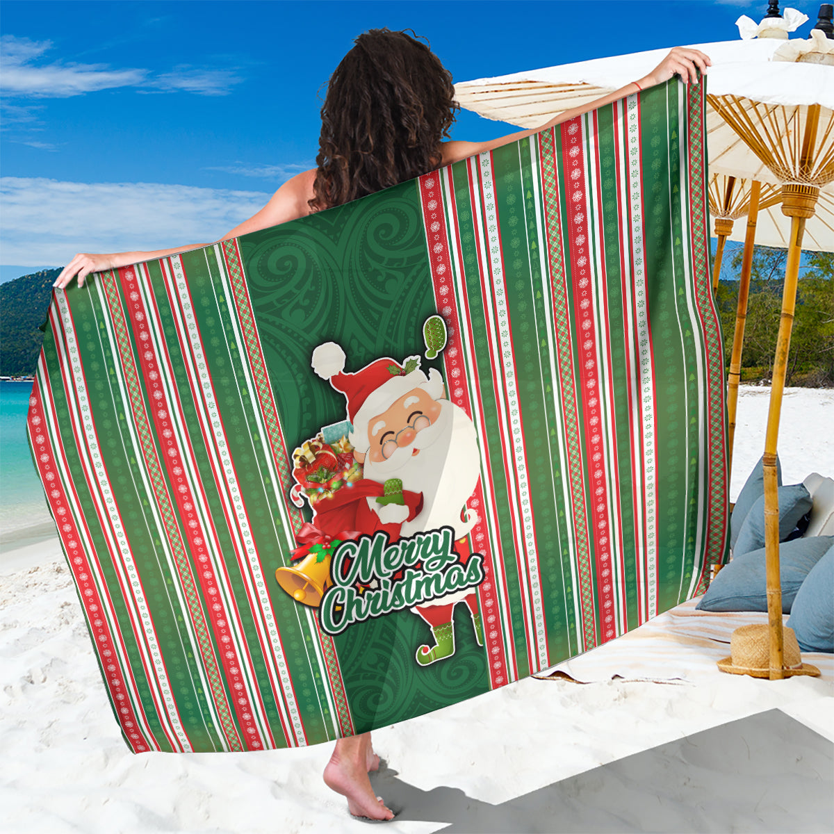 Kiribati Christmas Sarong Santa With Gift Bag Behind Ribbons Seamless Green Maori LT03 One Size 44 x 66 inches Green - Polynesian Pride