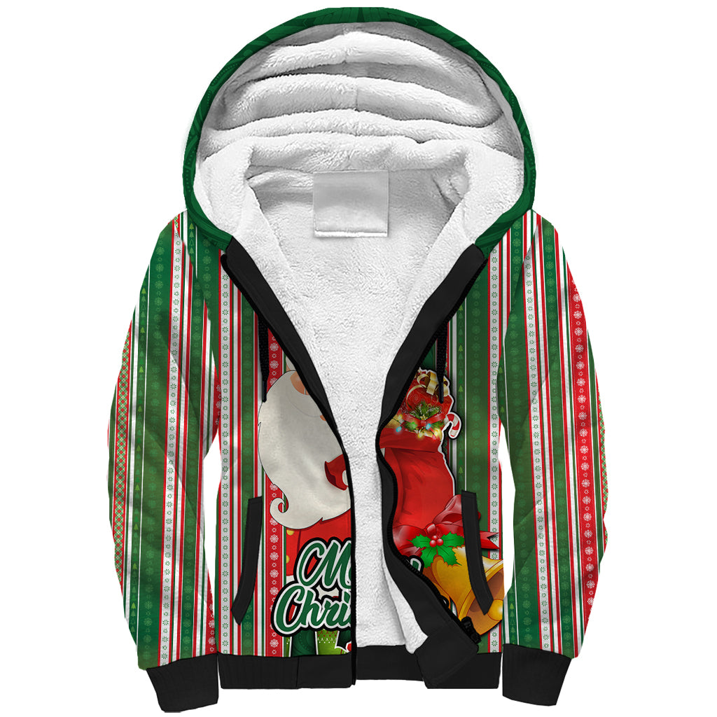 Kiribati Christmas Sherpa Hoodie Santa With Gift Bag Behind Ribbons Seamless Green Maori LT03 Unisex Green - Polynesian Pride