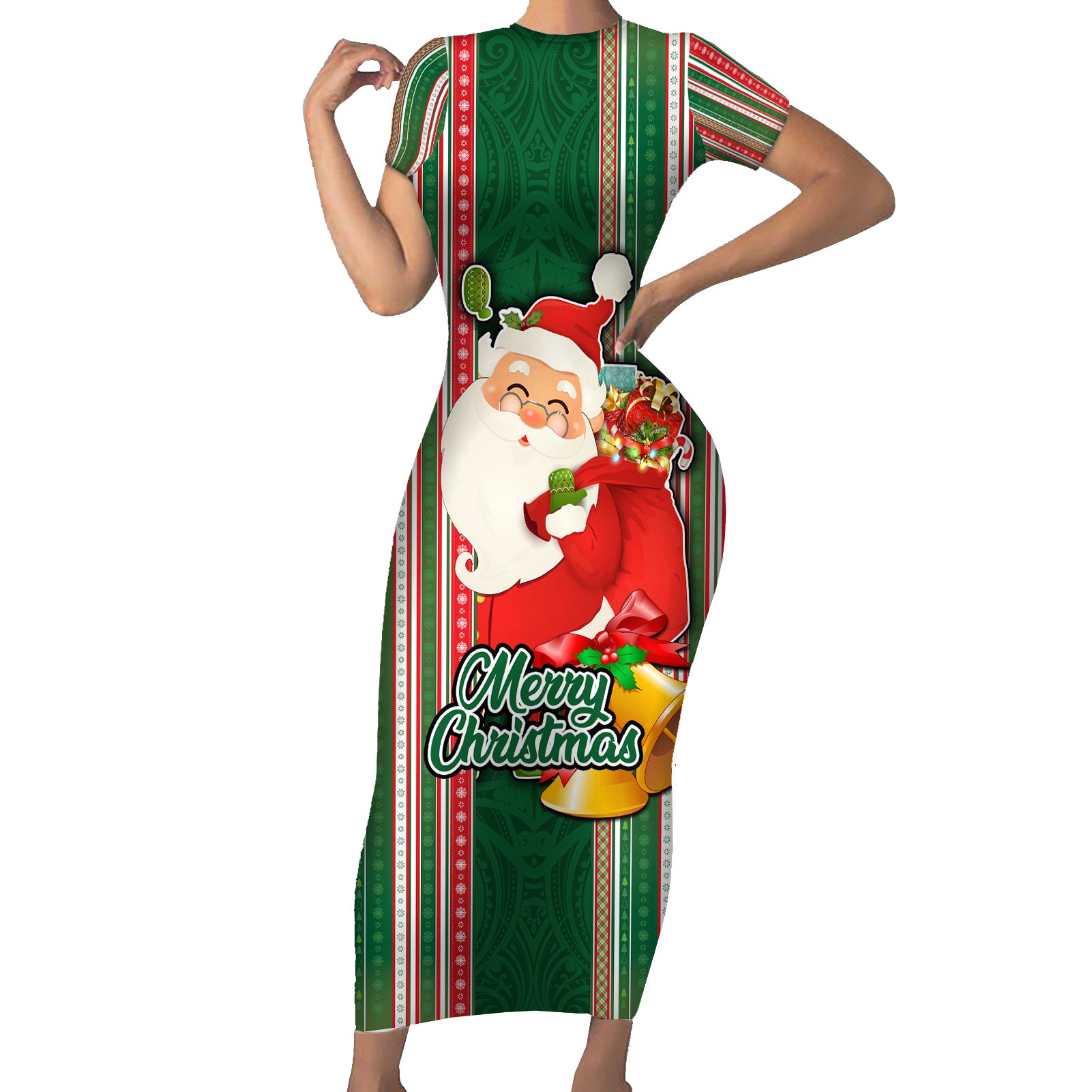 Kiribati Christmas Short Sleeve Bodycon Dress Santa With Gift Bag Behind Ribbons Seamless Green Maori LT03 Long Dress Green - Polynesian Pride