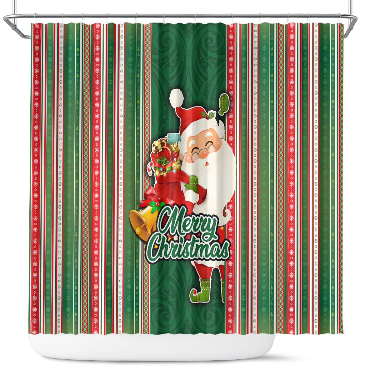 Kiribati Christmas Shower Curtain Santa With Gift Bag Behind Ribbons Seamless Green Maori LT03 Green - Polynesian Pride