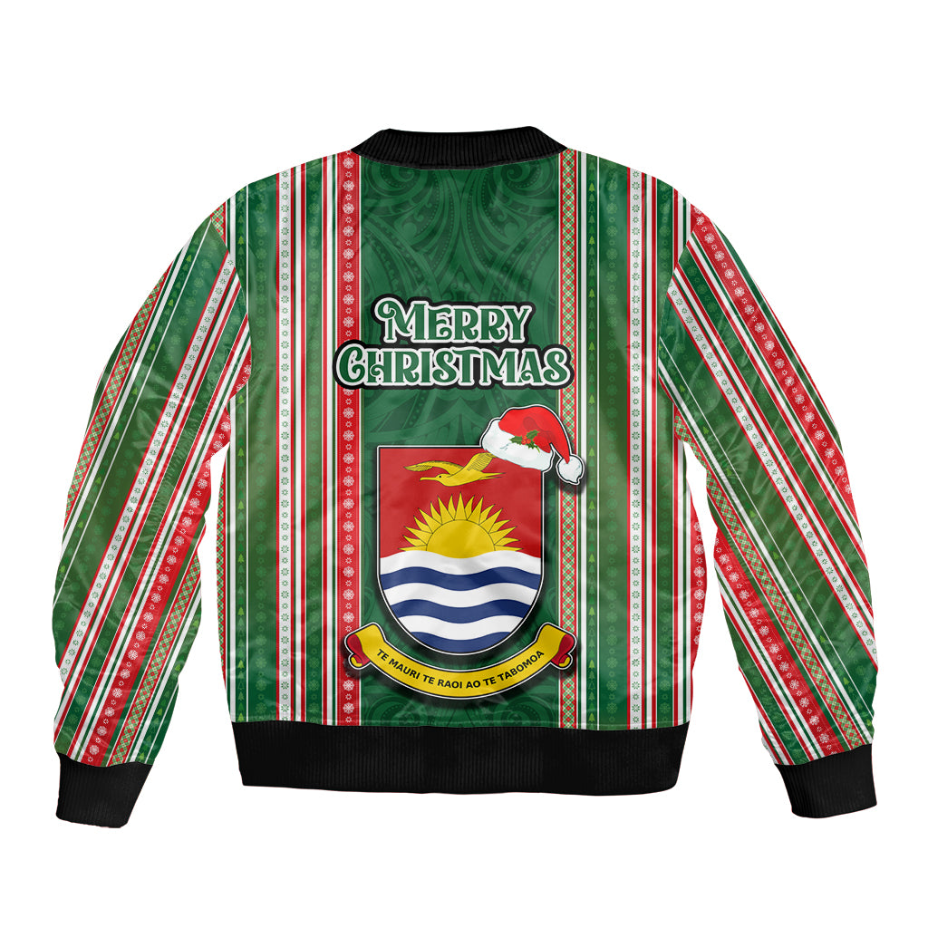 Kiribati Christmas Sleeve Zip Bomber Jacket Santa With Gift Bag Behind Ribbons Seamless Green Maori LT03 - Polynesian Pride
