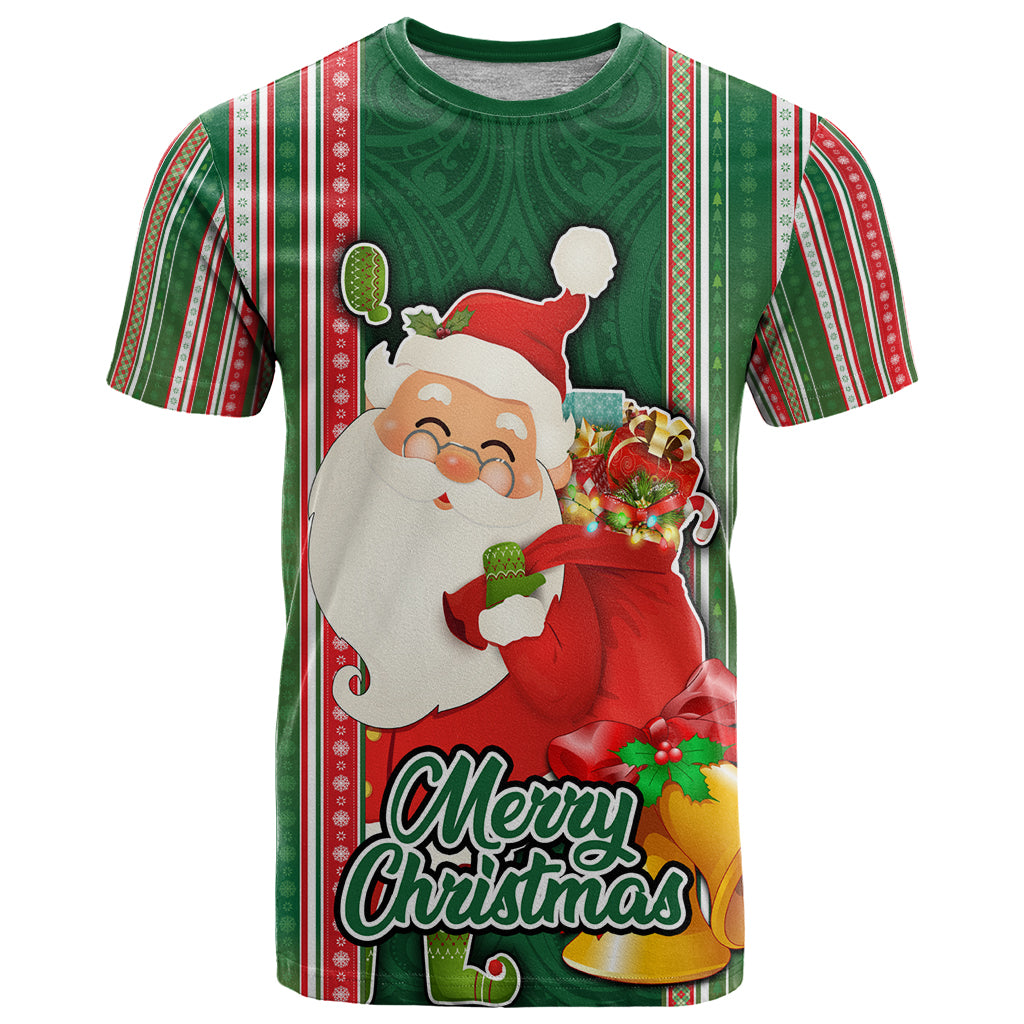 Kiribati Christmas T Shirt Santa With Gift Bag Behind Ribbons Seamless Green Maori LT03 Green - Polynesian Pride