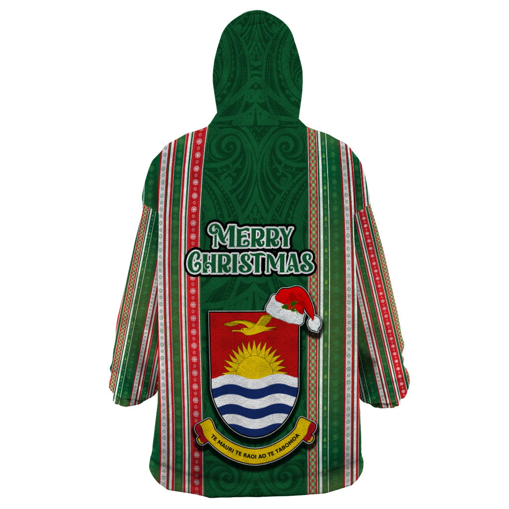 Kiribati Christmas Wearable Blanket Hoodie Santa With Gift Bag Behind Ribbons Seamless Green Maori LT03 - Polynesian Pride