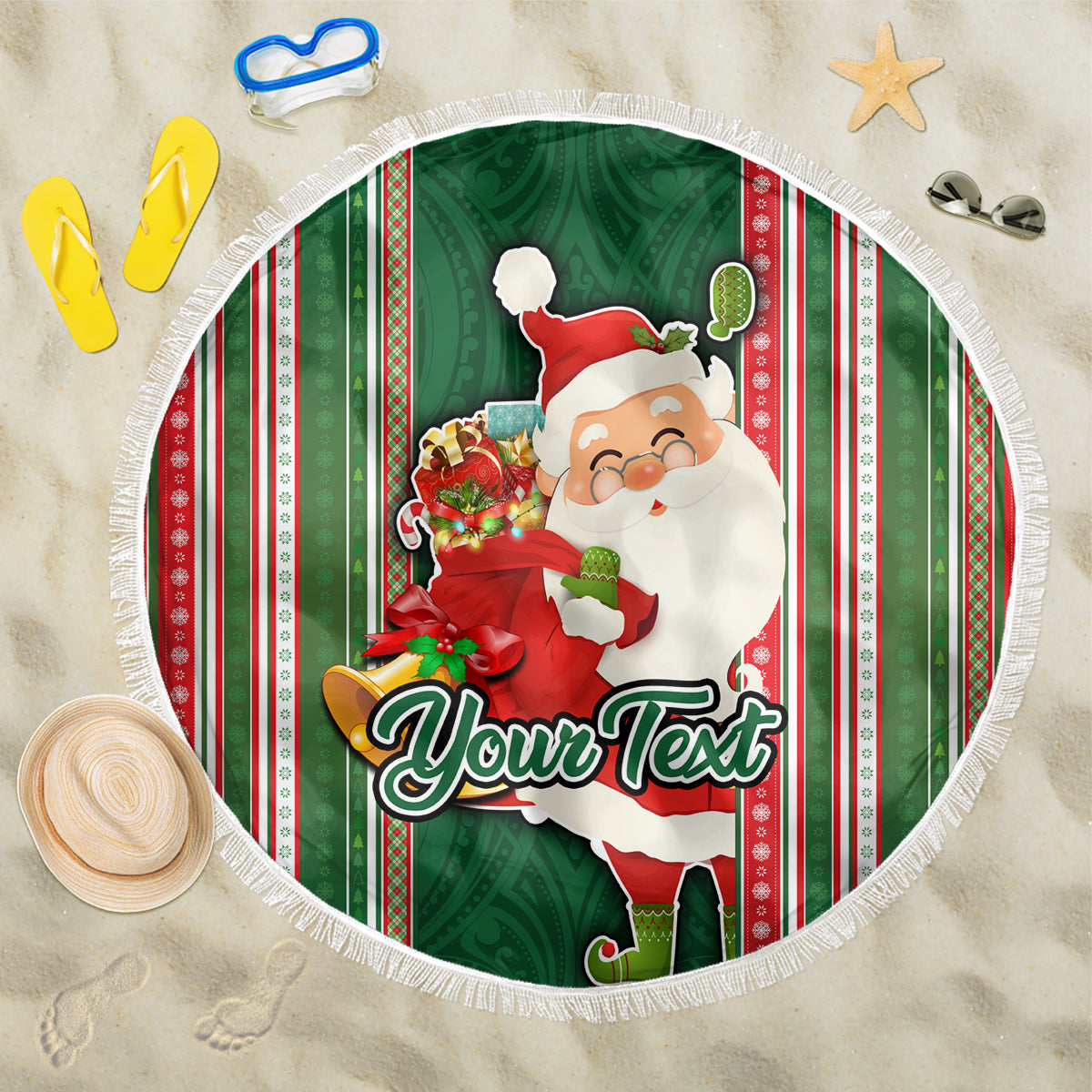 Custom Kiribati Christmas Beach Blanket Santa With Gift Bag Behind Ribbons Seamless Green Maori LT03 One Size 150cm Green - Wonder Print Shop