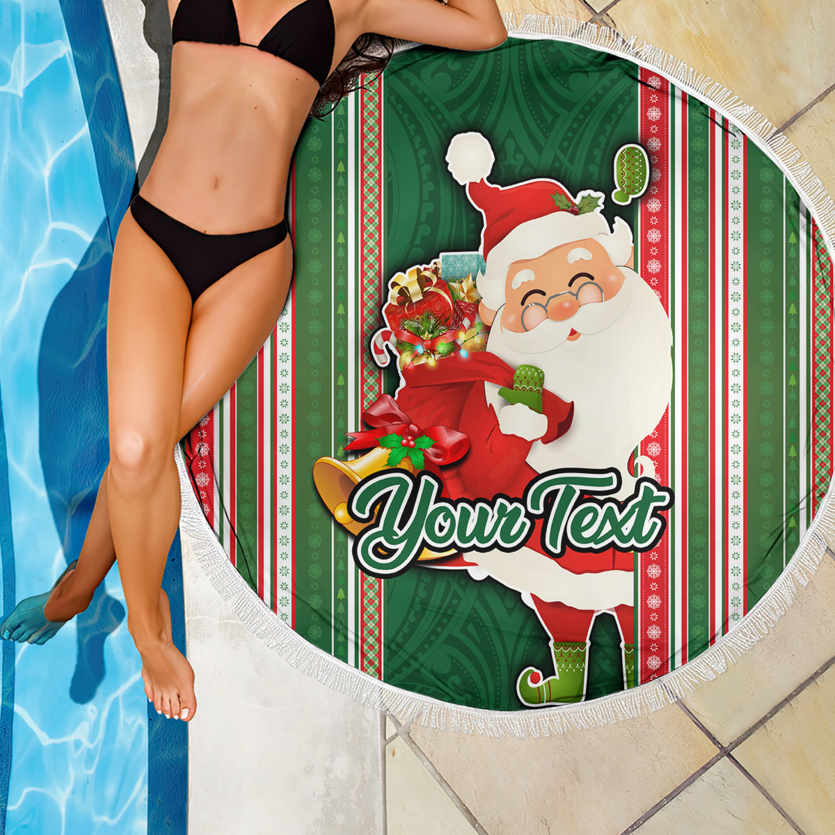Custom Kiribati Christmas Beach Blanket Santa With Gift Bag Behind Ribbons Seamless Green Maori LT03 - Wonder Print Shop