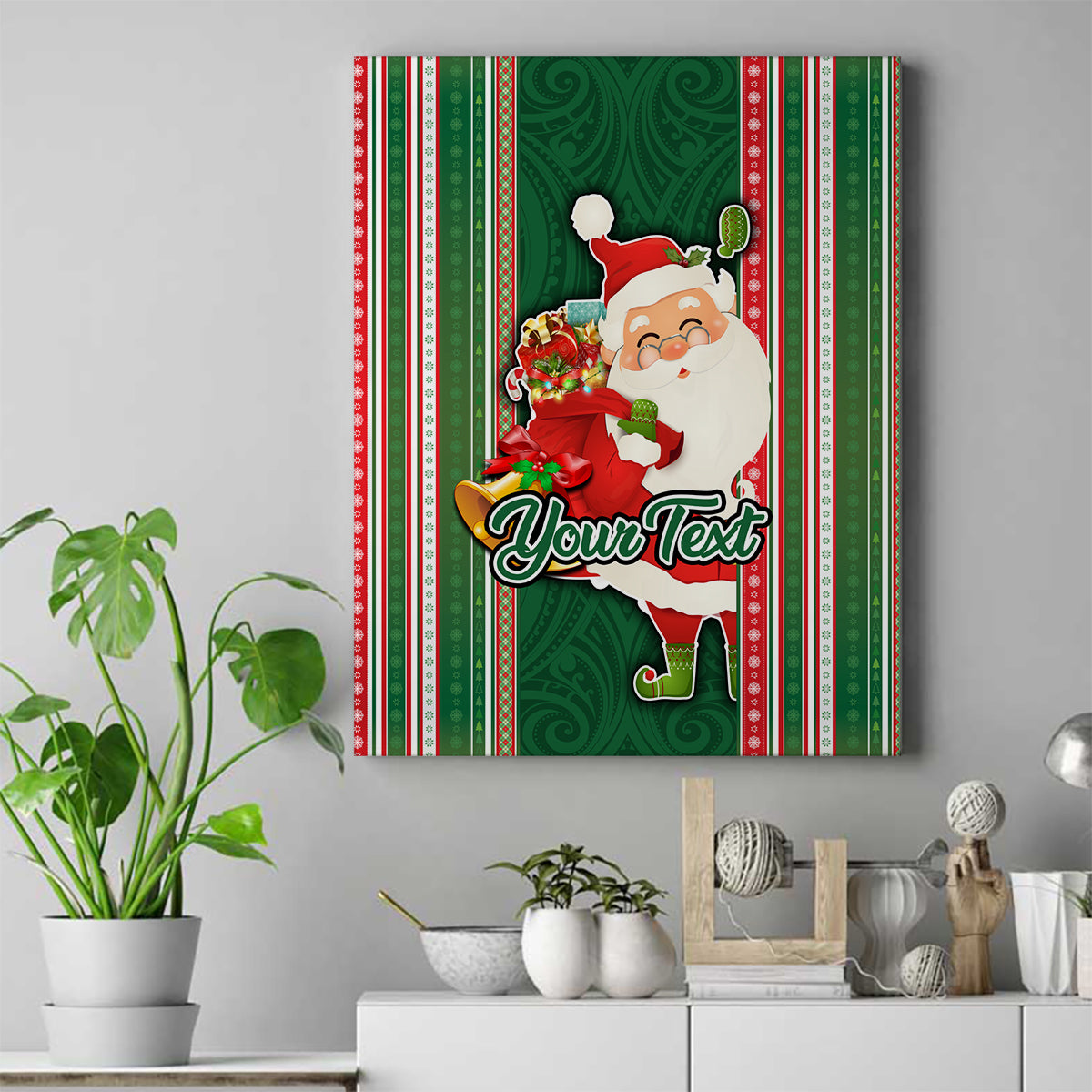 Custom Kiribati Christmas Canvas Wall Art Santa With Gift Bag Behind Ribbons Seamless Green Maori LT03 Green - Polynesian Pride