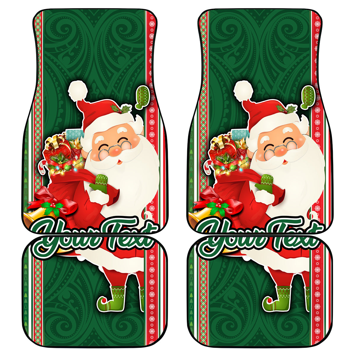 Custom Kiribati Christmas Car Mats Santa With Gift Bag Behind Ribbons Seamless Green Maori LT03 Green - Polynesian Pride