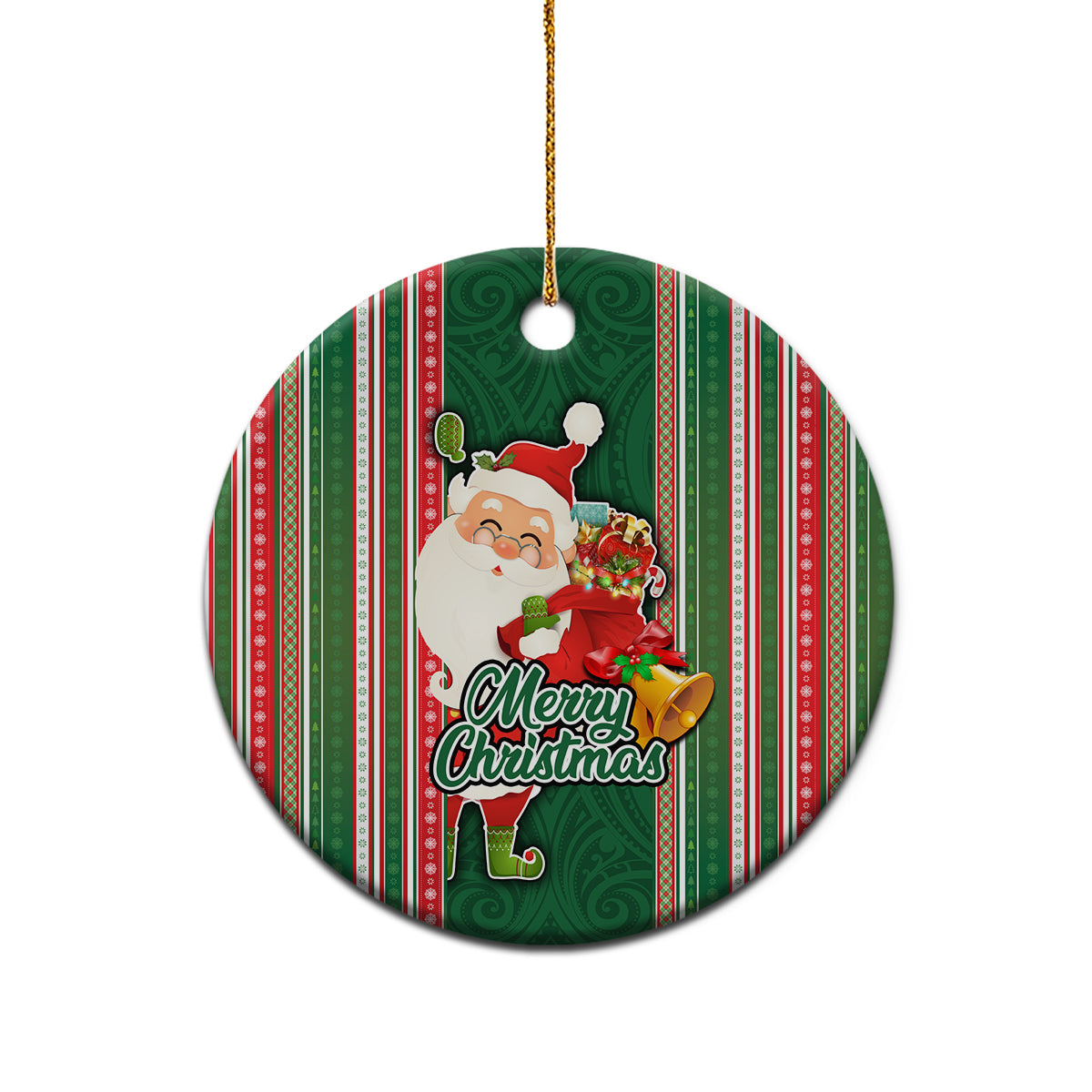 Custom Kiribati Christmas Ceramic Ornament Santa With Gift Bag Behind Ribbons Seamless Green Maori LT03 - Polynesian Pride