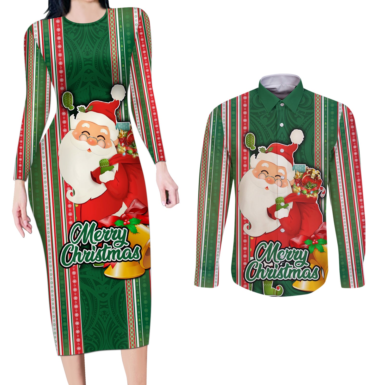 Custom Kiribati Christmas Couples Matching Long Sleeve Bodycon Dress and Long Sleeve Button Shirts Santa With Gift Bag Behind Ribbons Seamless Green Maori LT03 Green - Polynesian Pride