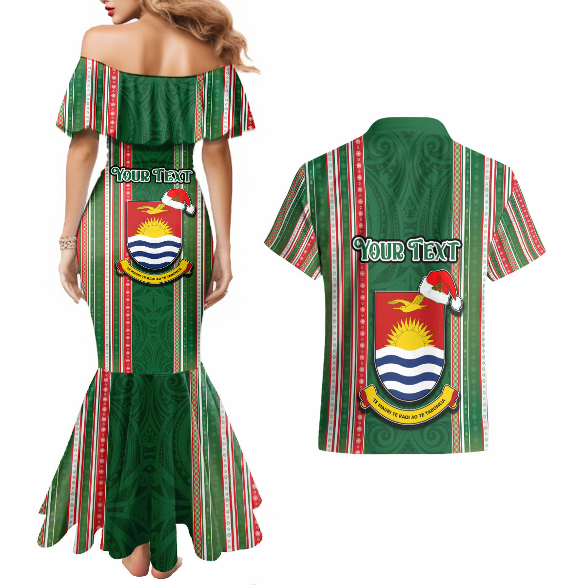 Custom Kiribati Christmas Couples Matching Mermaid Dress and Hawaiian Shirt Santa With Gift Bag Behind Ribbons Seamless Green Maori LT03 - Polynesian Pride
