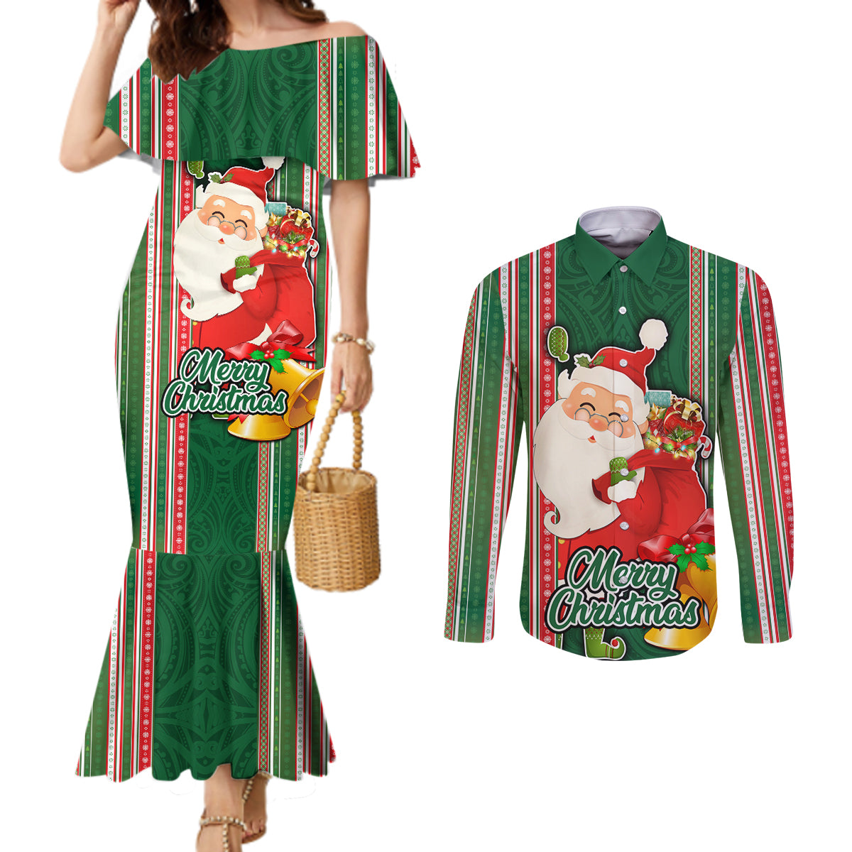 Custom Kiribati Christmas Couples Matching Mermaid Dress and Long Sleeve Button Shirts Santa With Gift Bag Behind Ribbons Seamless Green Maori LT03 Green - Polynesian Pride