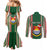 Custom Kiribati Christmas Couples Matching Mermaid Dress and Long Sleeve Button Shirts Santa With Gift Bag Behind Ribbons Seamless Green Maori LT03 - Polynesian Pride