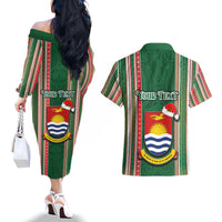 Custom Kiribati Christmas Couples Matching Off The Shoulder Long Sleeve Dress and Hawaiian Shirt Santa With Gift Bag Behind Ribbons Seamless Green Maori LT03 - Polynesian Pride