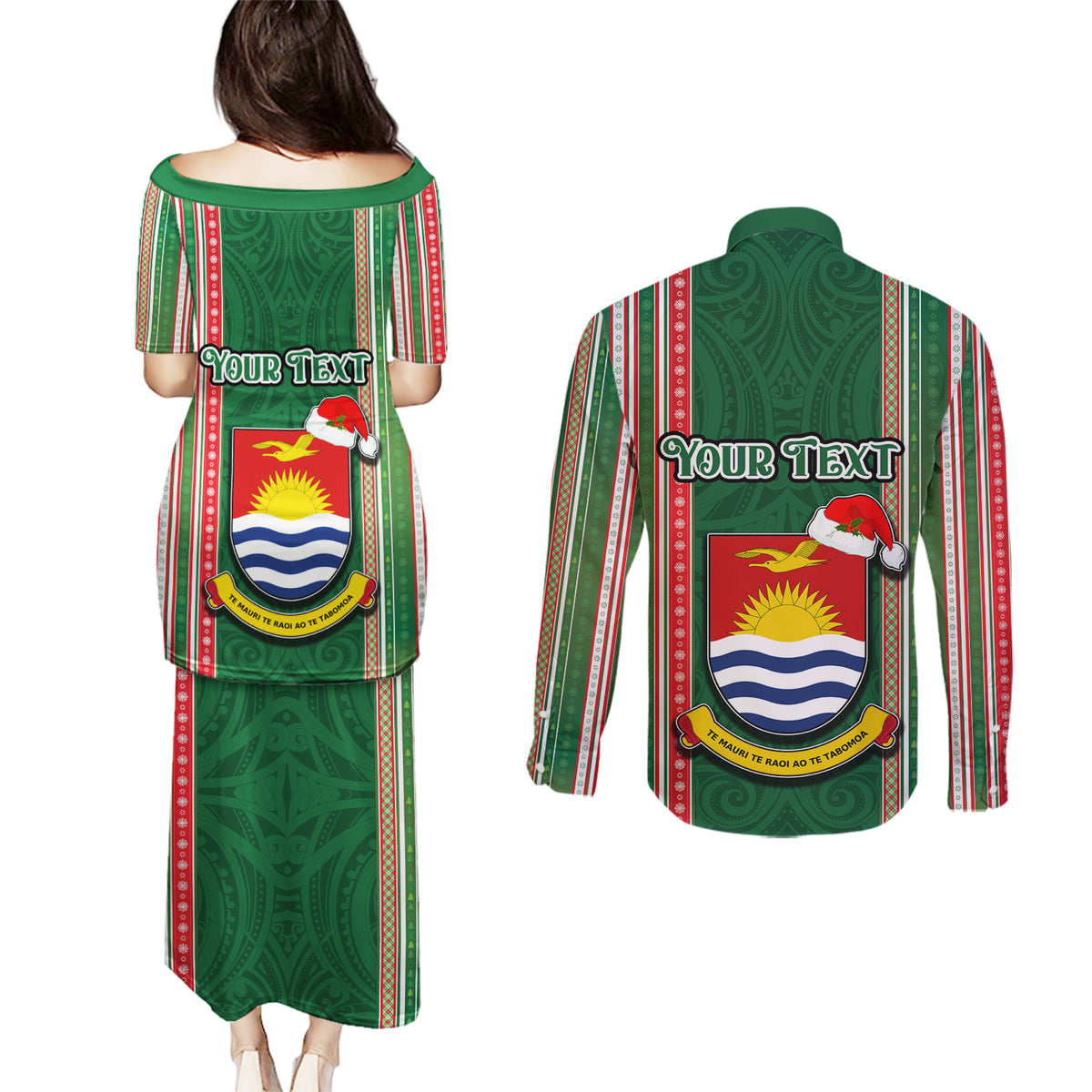 Custom Kiribati Christmas Couples Matching Puletasi Dress and Long Sleeve Button Shirts Santa With Gift Bag Behind Ribbons Seamless Green Maori LT03 - Polynesian Pride