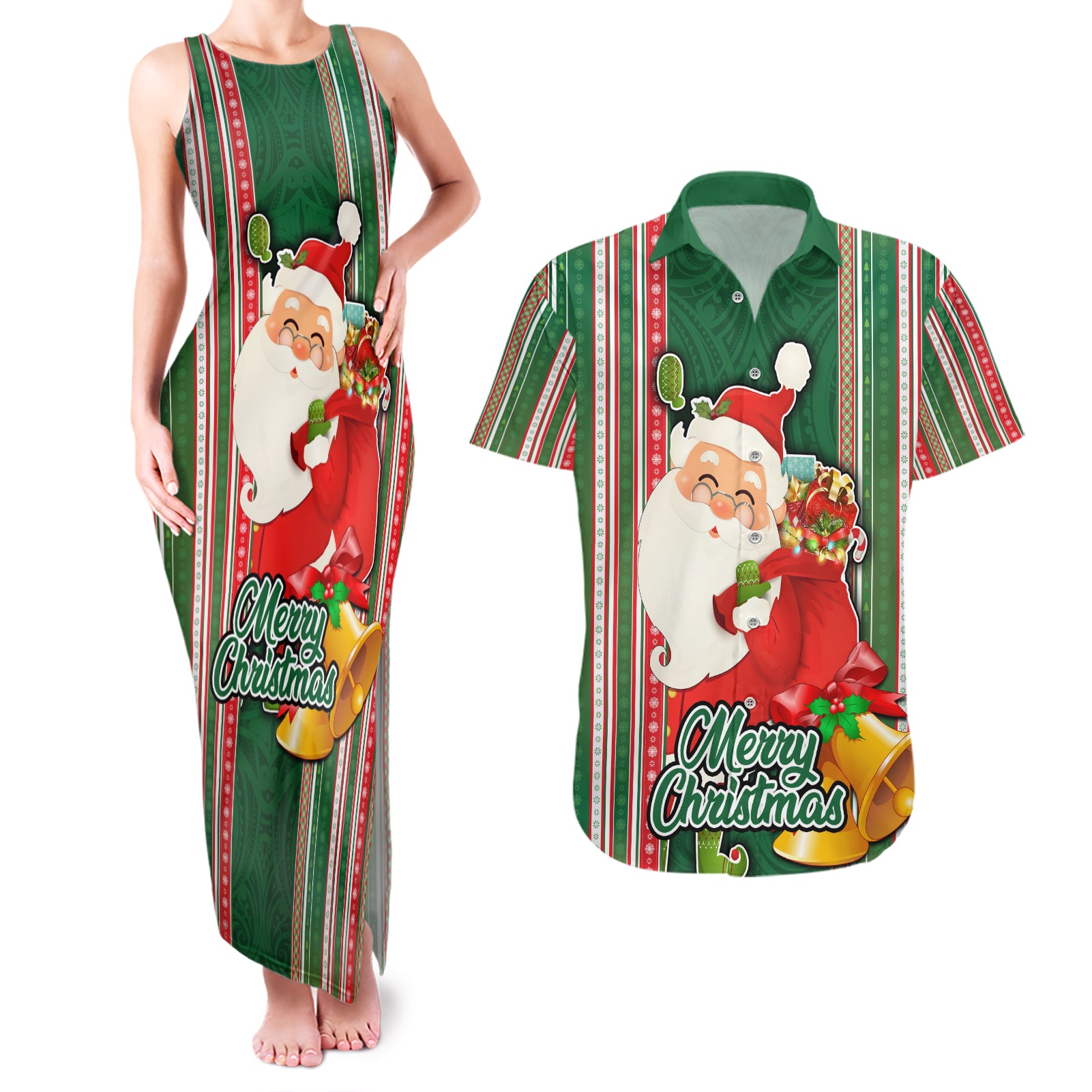 Custom Kiribati Christmas Couples Matching Tank Maxi Dress and Hawaiian Shirt Santa With Gift Bag Behind Ribbons Seamless Green Maori LT03 Green - Polynesian Pride