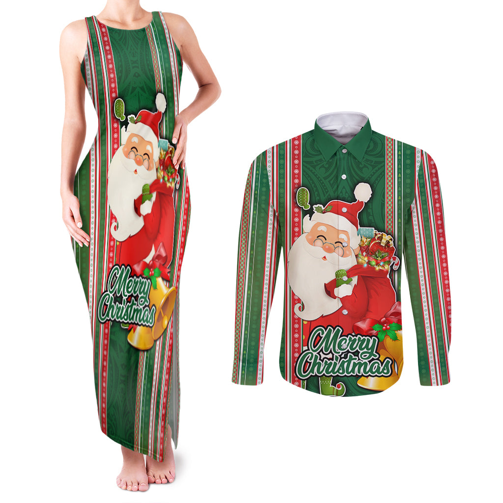 Custom Kiribati Christmas Couples Matching Tank Maxi Dress and Long Sleeve Button Shirts Santa With Gift Bag Behind Ribbons Seamless Green Maori LT03 Green - Polynesian Pride